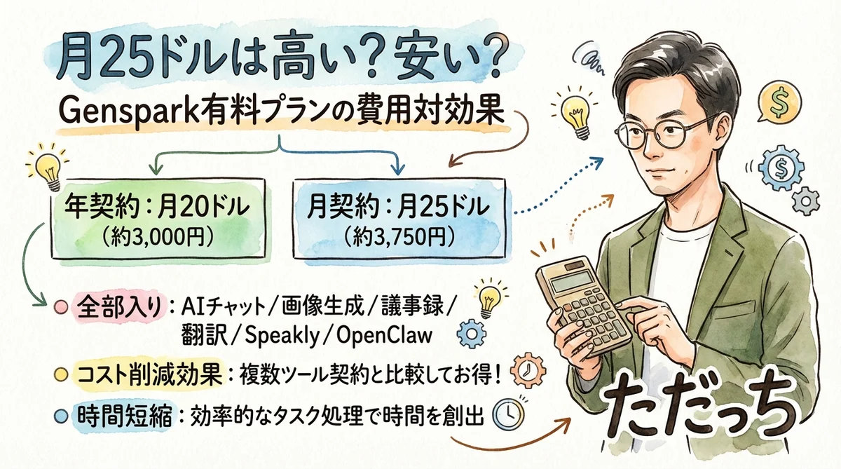 Genspark有料プランの費用対効果——月25ドル／年契約20ドルの内訳図解