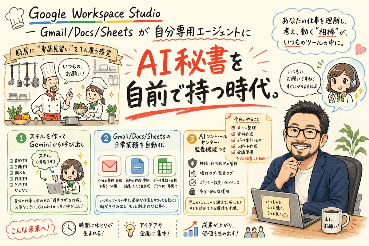 Workspace Studioでスキルを作ってGmail/Docs/Sheetsを自動化する図解