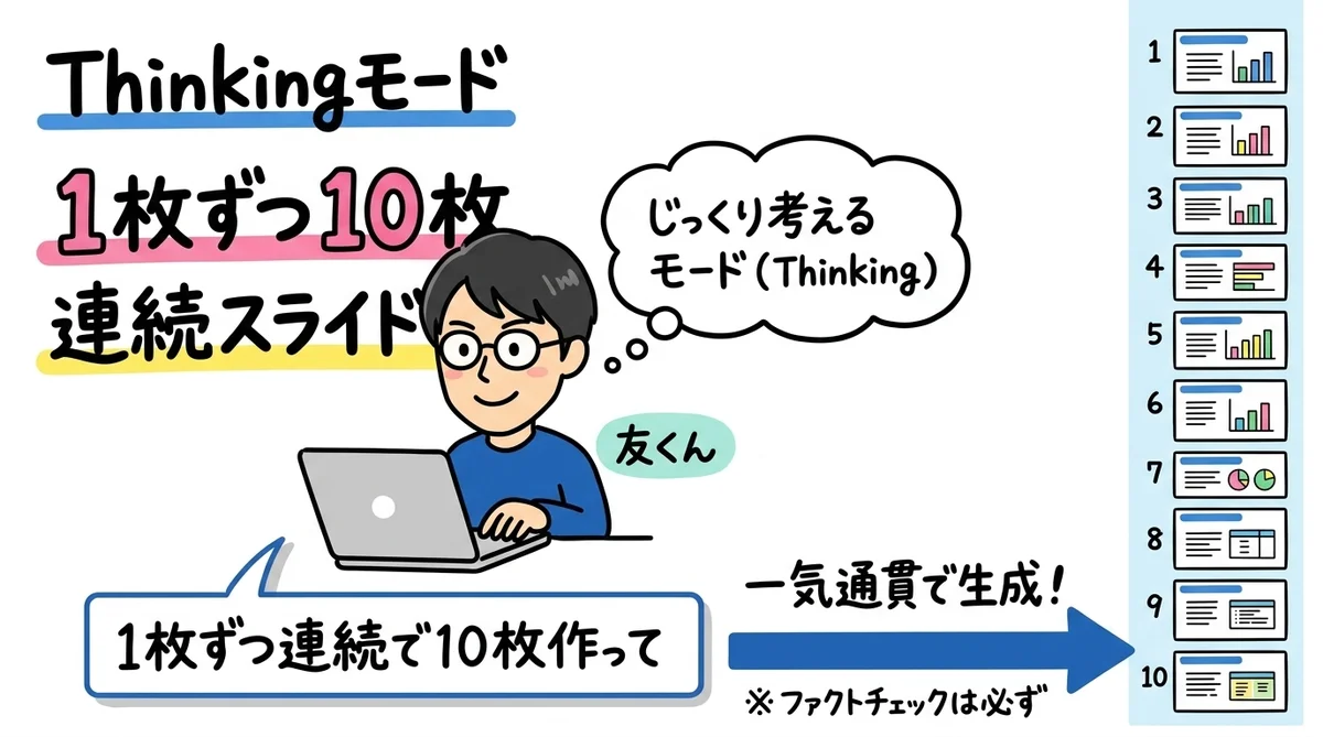 Thinkingモードで1枚ずつ10枚連続スライド生成