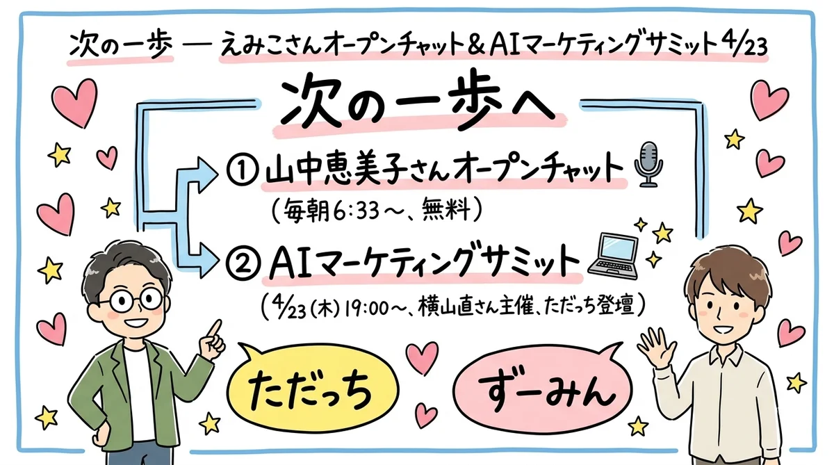 次の一歩 えみこさんチャットとAIマーケティングサミット告知