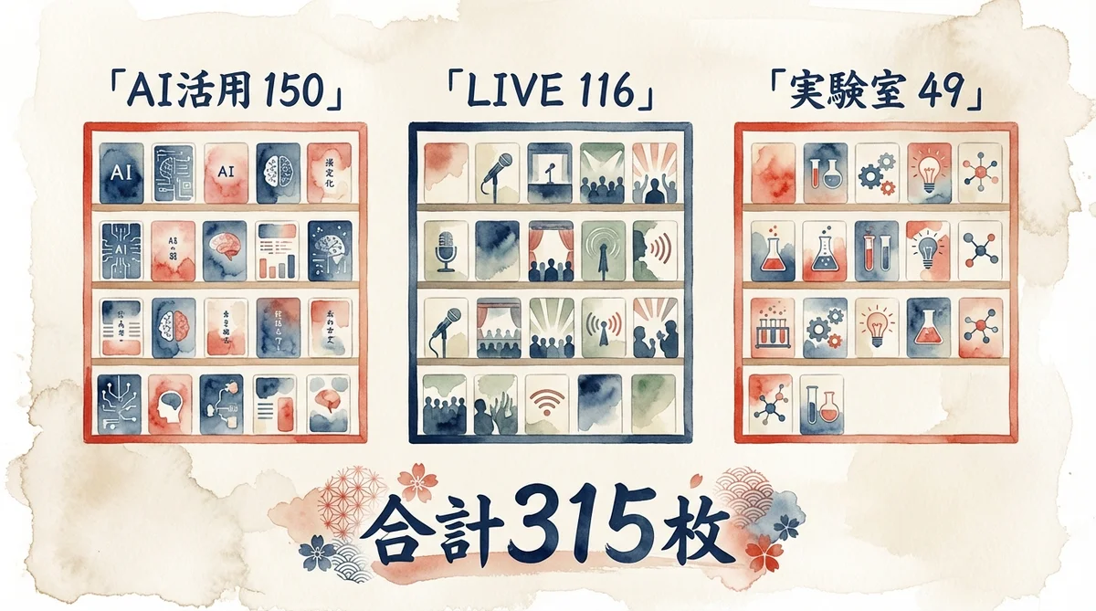 3つのテーマ別ナレッジベース AI活用150枚 LIVE116枚 実験室49枚