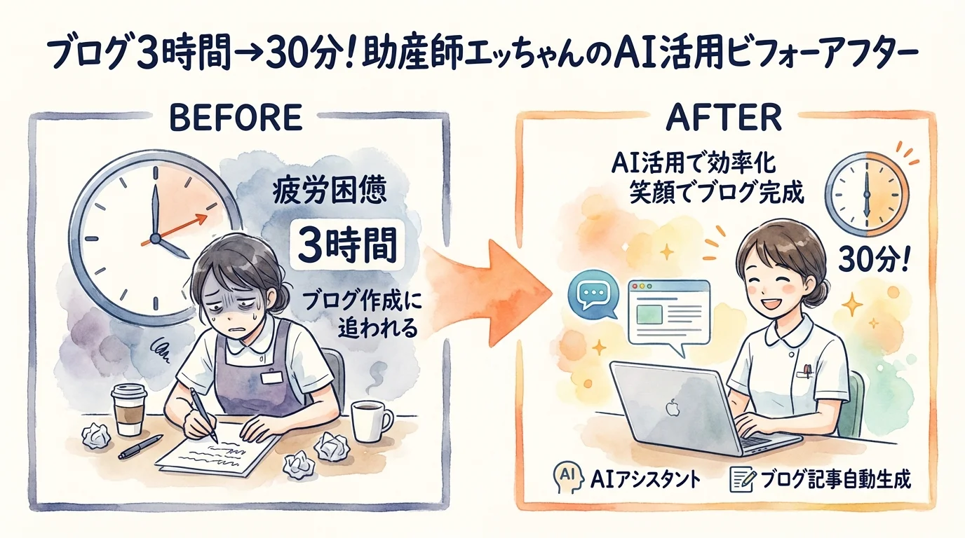 ブログ3時間→30分 AI活用ビフォーアフター 図解