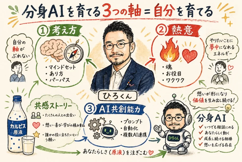 分身AIを育てる3つの軸 全体図解 ひろくん