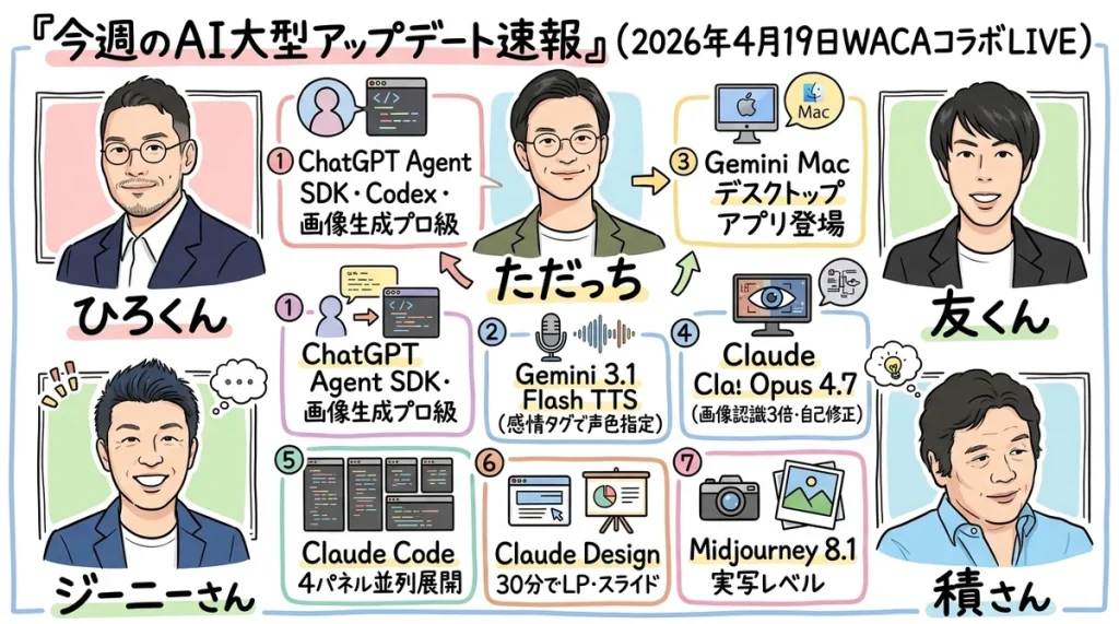 生成AI大型アップデート5人コラボLIVE全体図（2026年4月19日WACAコラボ）