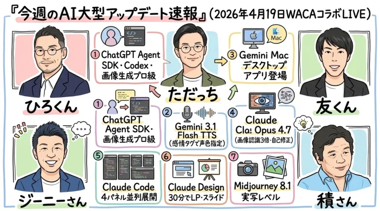 生成AI大型アップデート5人コラボLIVE全体図（2026年4月19日WACAコラボ）