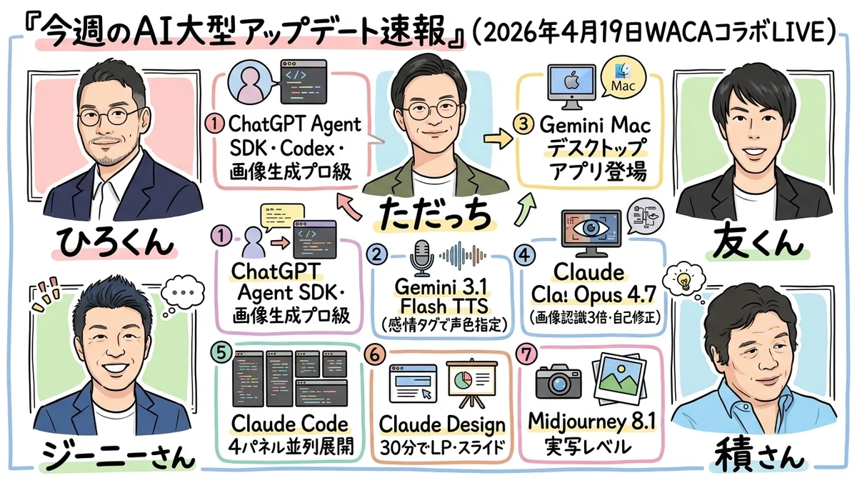 生成AI大型アップデート5人コラボLIVE全体図（2026年4月19日WACAコラボ）