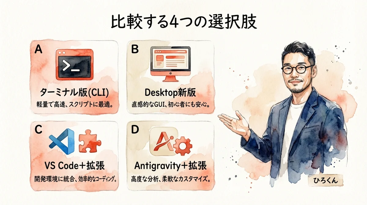 ターミナル版・Desktop新版・VS Code拡張・Antigravity拡張の4つの選択肢カード