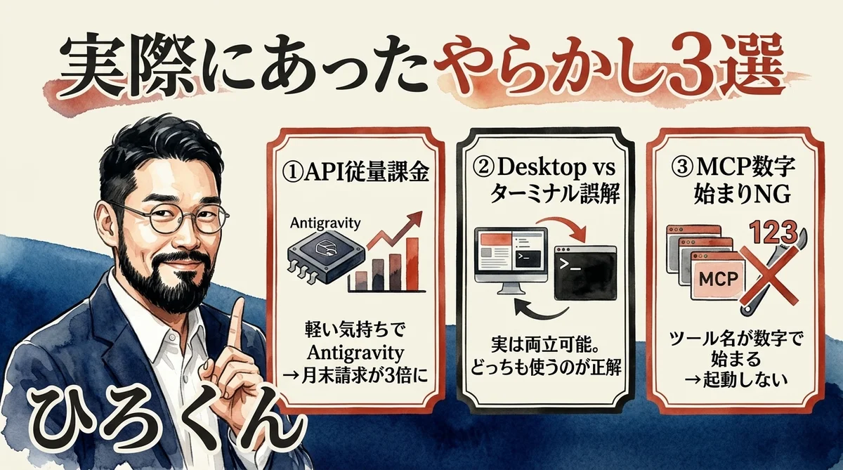 API従量課金・Desktop併用誤解・MCP数字始まりNGの3つのやらかし警告カード