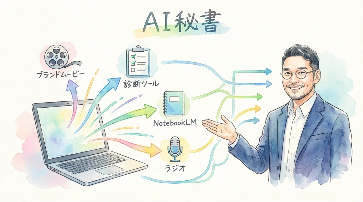 AI秘書の凛ちゃんとブランドムービー制作の仕組みを解説するグラレコ