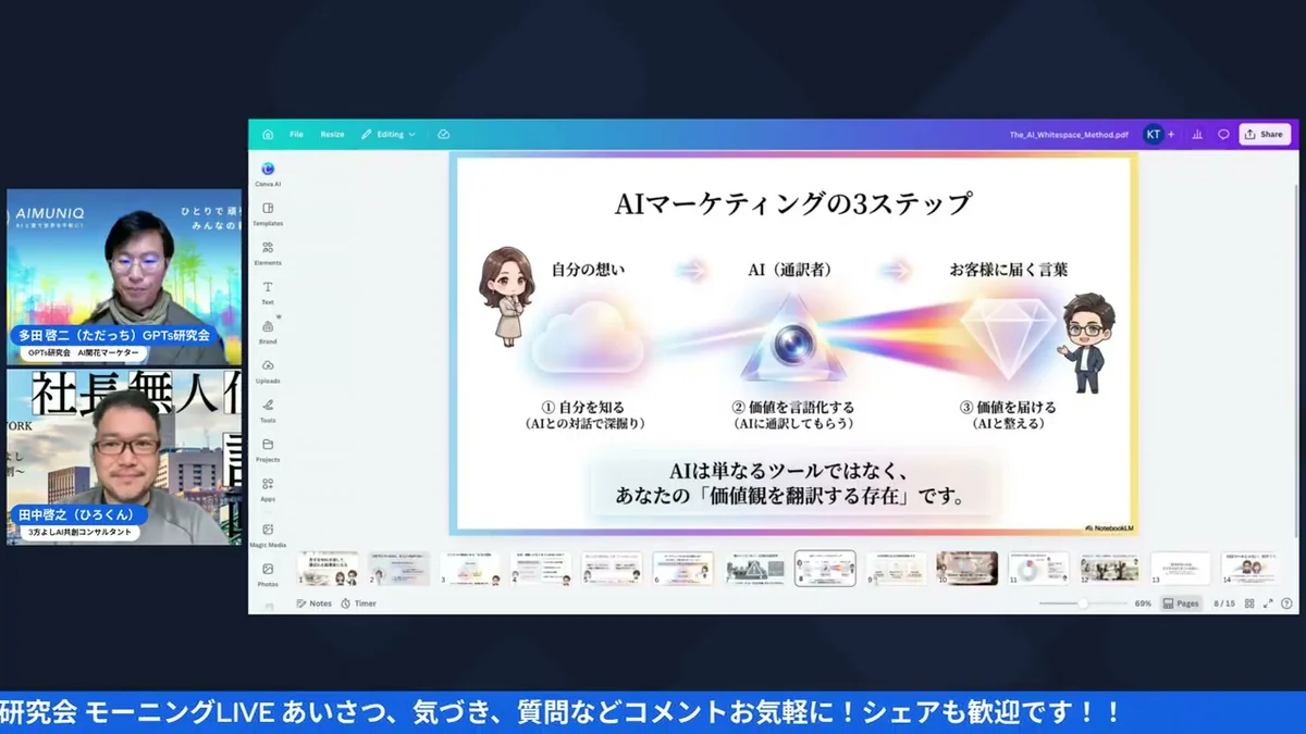 朝LIVEスクリーンショット：AIで自分を知るを語る場面