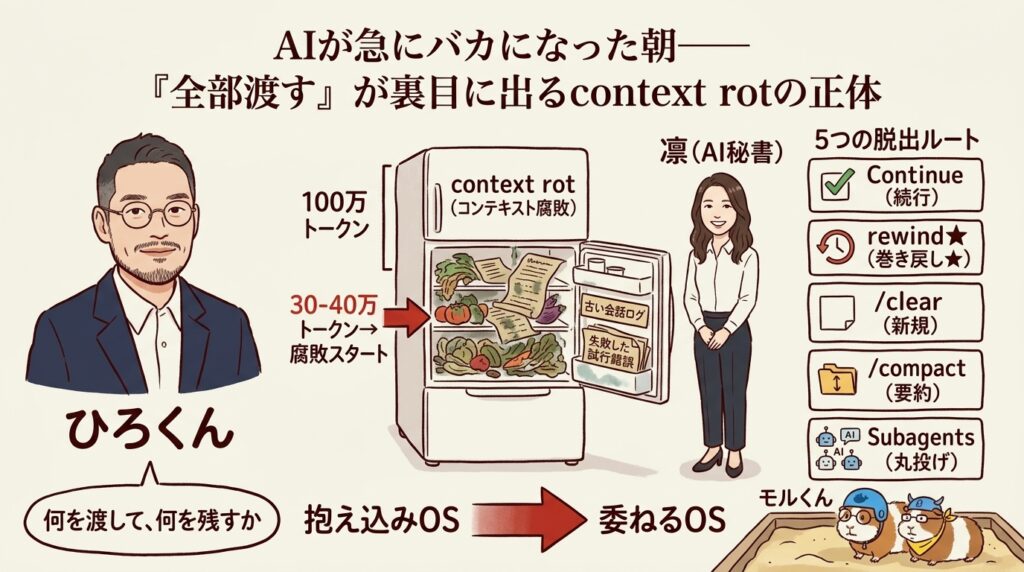 AIが急にバカになった朝 context rot 全体図解（ひろくん+凛+モルくん）