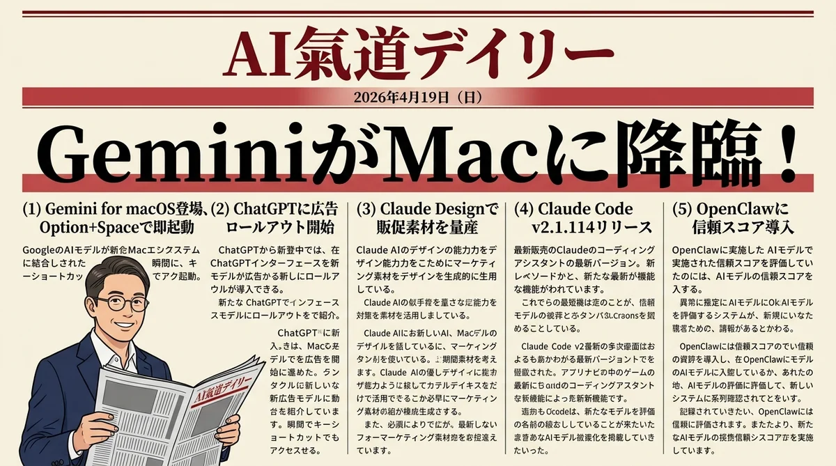 AIニュース2026/4/19】GeminiがMacに降臨！ChatGPT広告開始＆OpenClaw