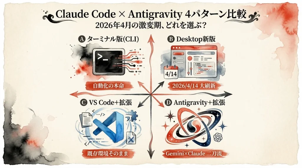 Claude Code×Antigravity 4パターン比較の2×2グリッド概要図