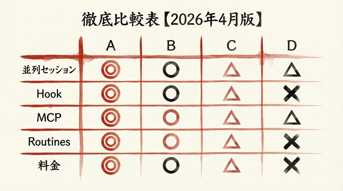 Claude Code×Antigravity 4パターンの並列セッション・Hook・MCP・Routines・料金を比較した表