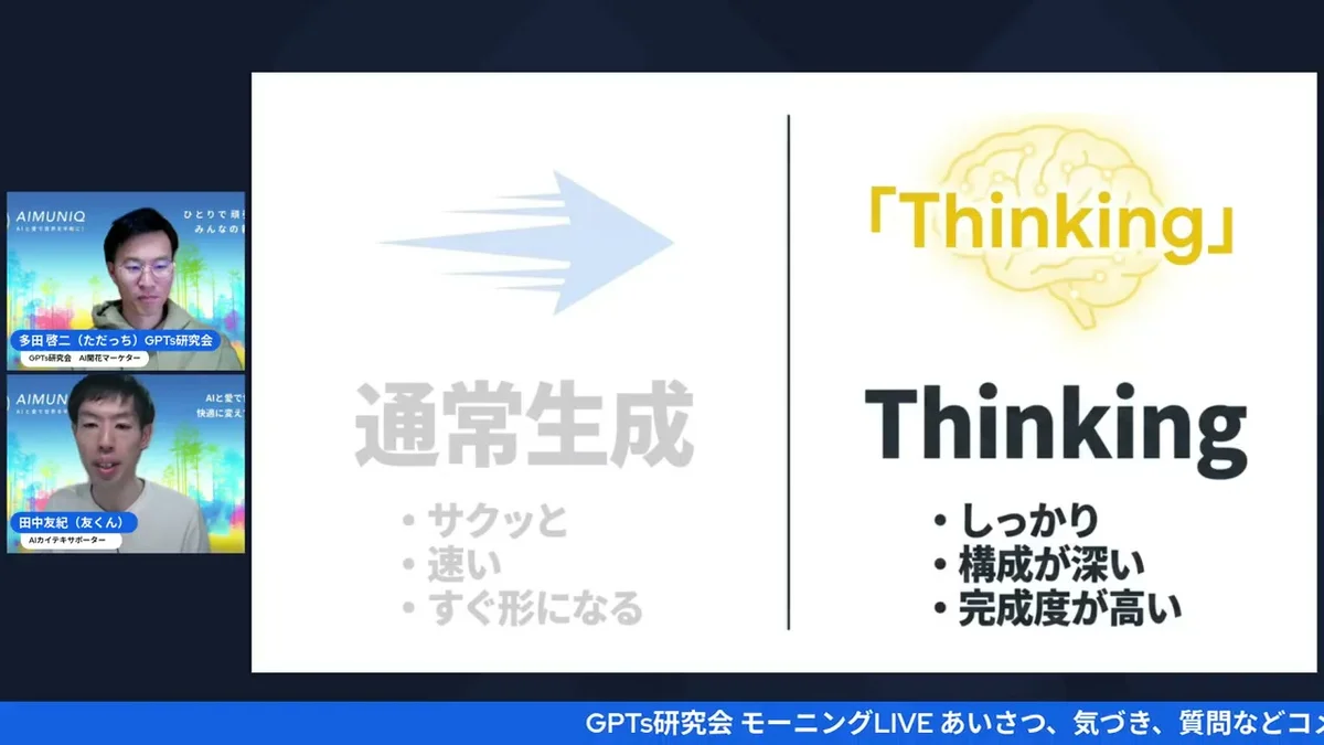 LIVE配信 Thinkingモードで10枚スライドが生成される画面シーン