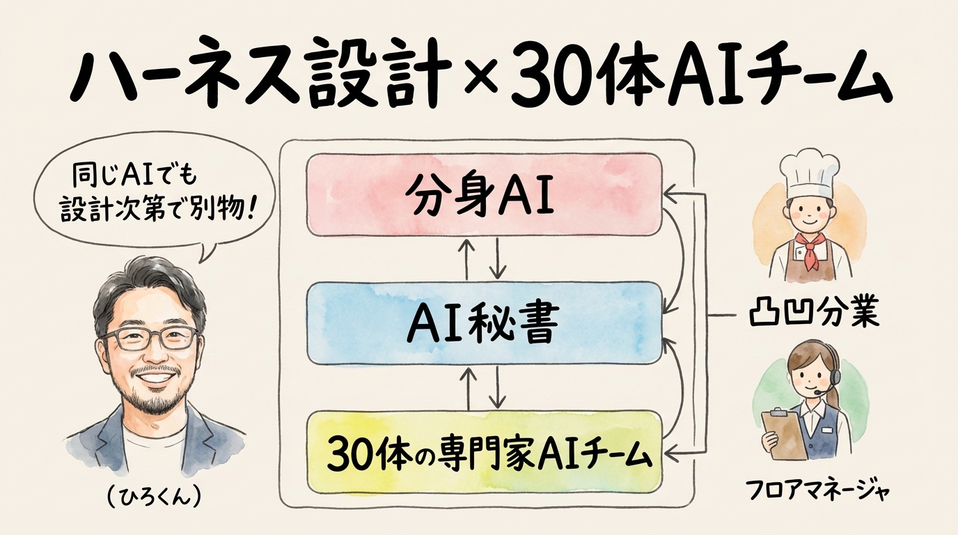 同じAIでもハーネス設計で結果が別物に。30体のAIチームで実践する凸凹の噛み合わせ グラフィックレコーディング図解
