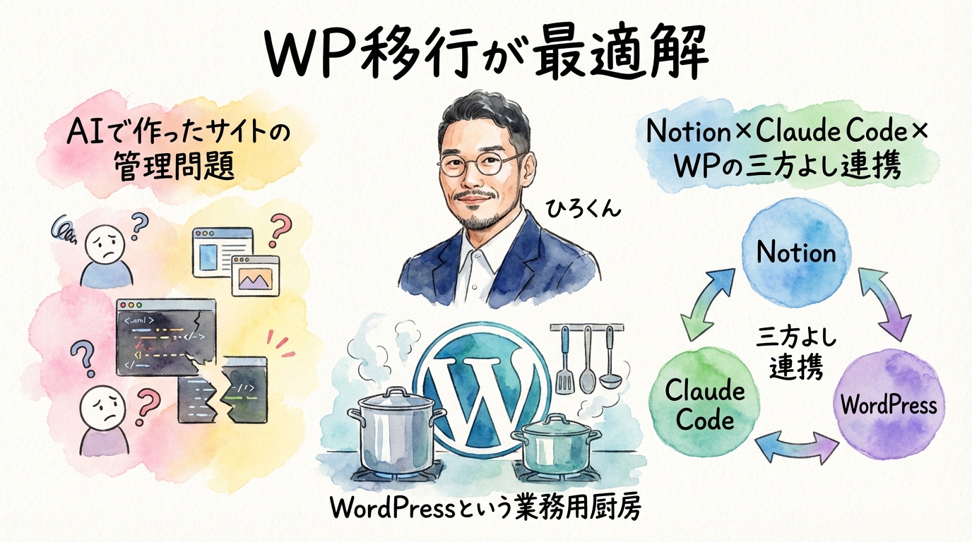 Claude Codeで作った後どうする？WP移行が最適解だった話｜GPTs研究会朝LIVE グラフィックレコーディング図解