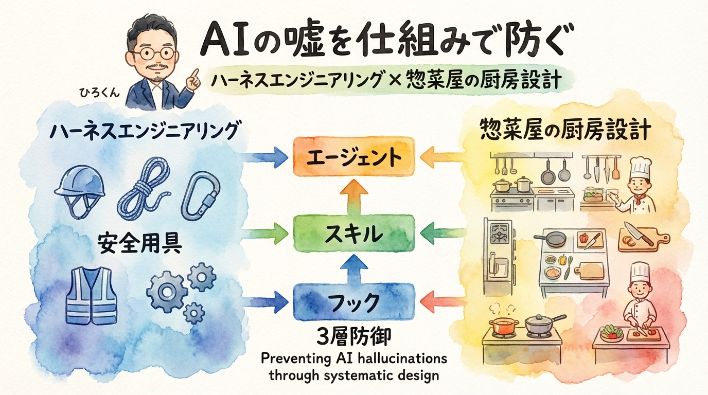 AIの嘘を仕組みで防ぐ｜ハーネスエンジニアリング×惣菜屋の厨房設計 グラフィックレコーディング図解