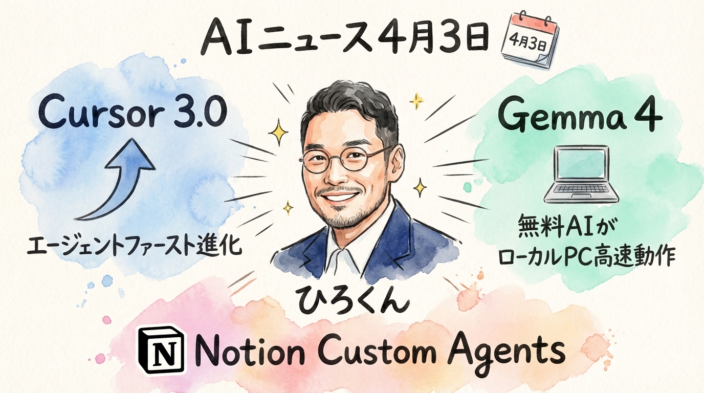 Cursor 3.0登場＆Gemma 4無料公開！Notion AIエージェントも【AIニュース4/3】 グラフィックレコーディング図解