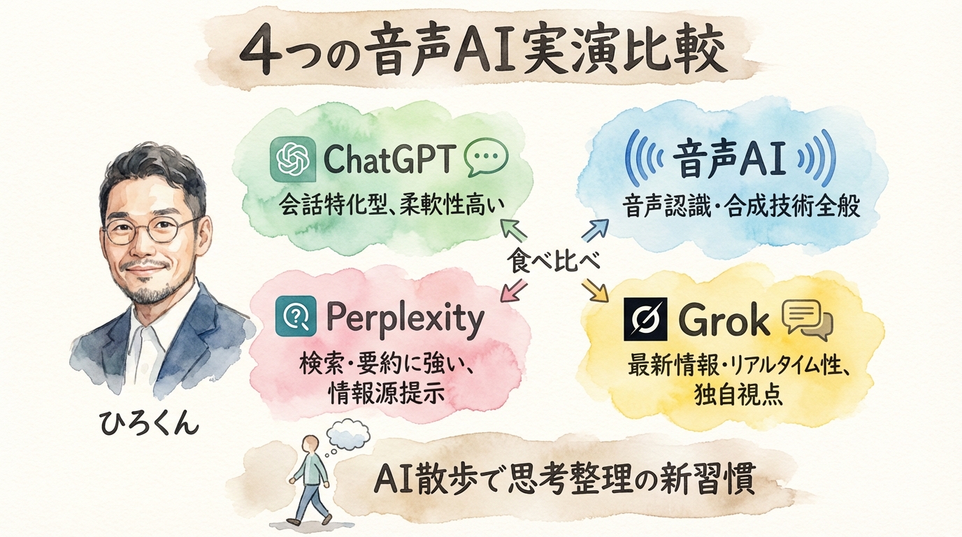 話すだけで頭がスッキリ！4つの音声AIを実演比較｜もう1人で悩まなくていい時代 グラフィックレコーディング図解