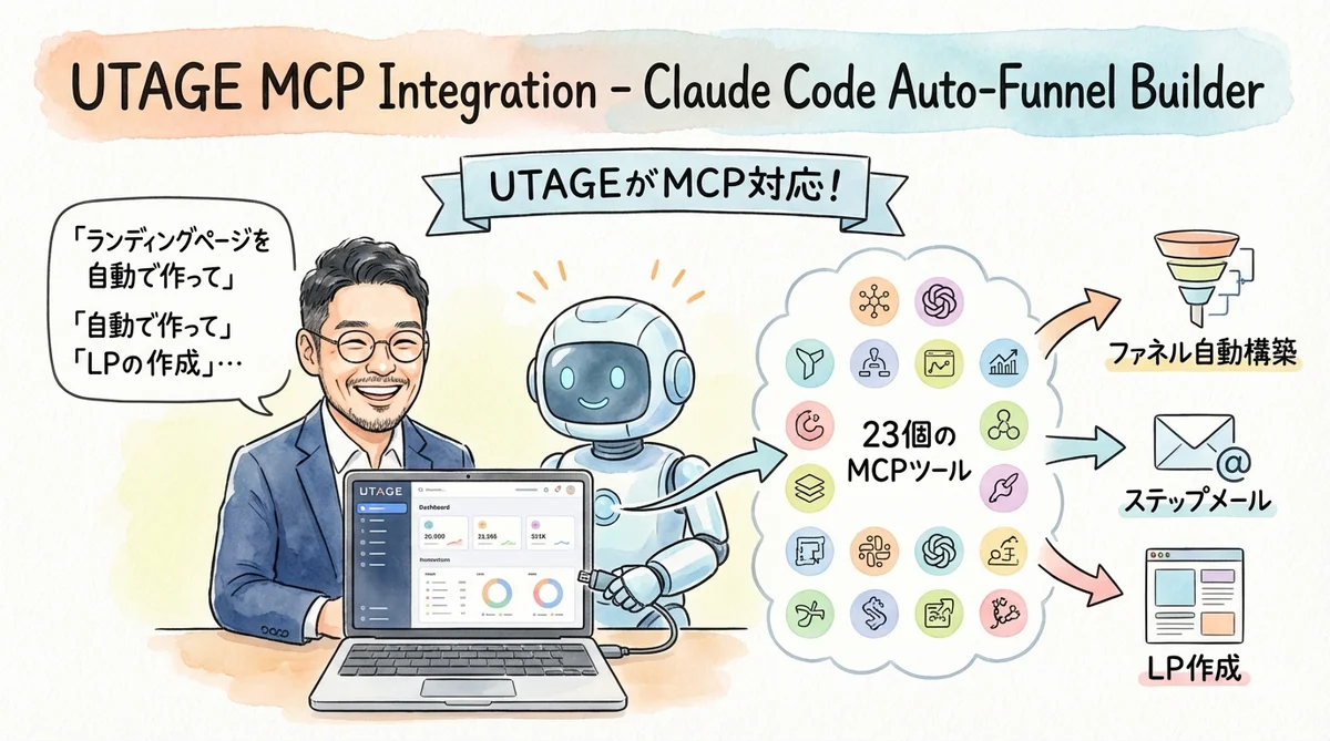 UTAGEとClaude Codeが繋がり、自然言語でファネルが自動構築されるイメージ図解