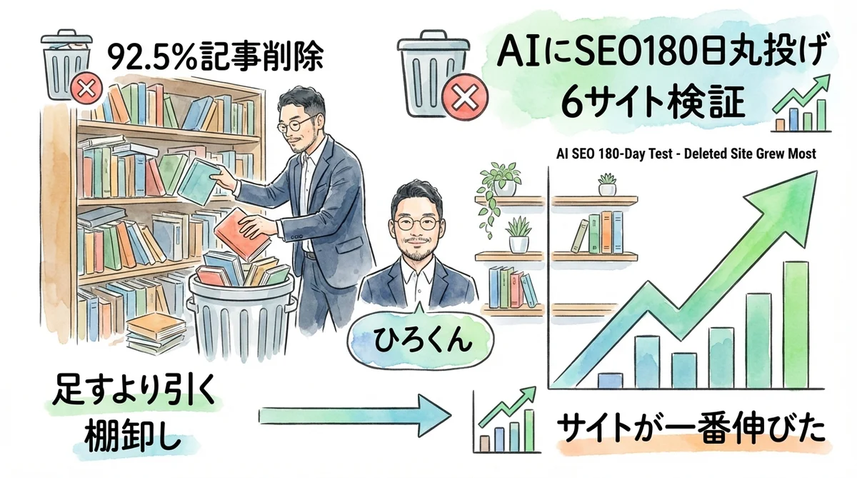 6サイトのSEO検証結果比較グラフ。削除したサイトDが最も伸びたことを示す棒グラフ風図解