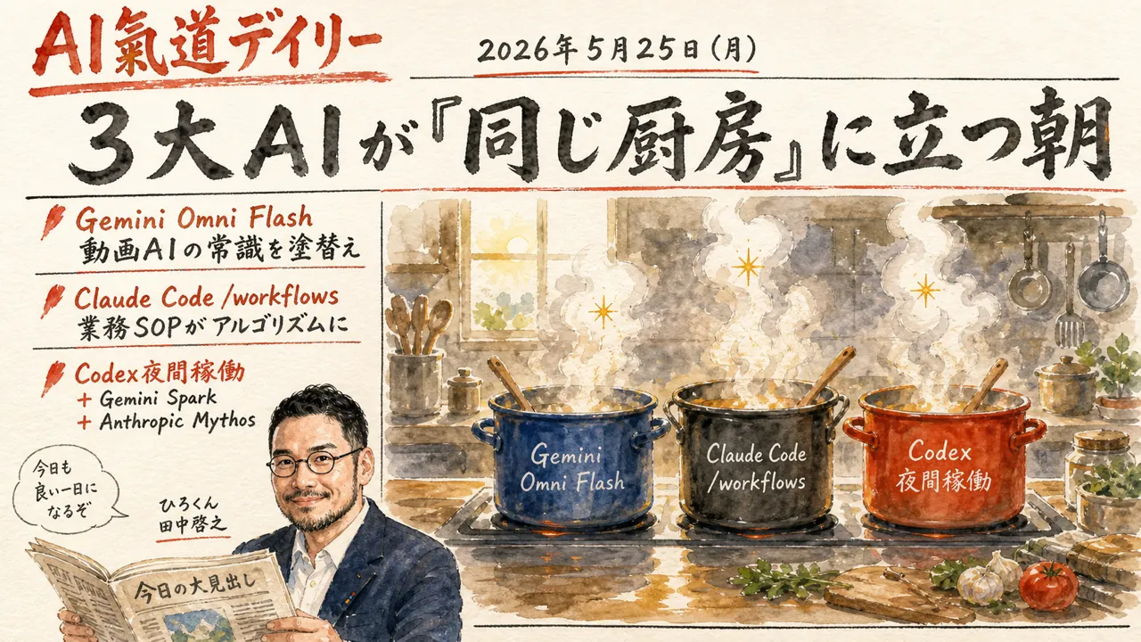 Gemini Omni Flash・Claude Code workflowsを伝える新聞風アイキャッチ