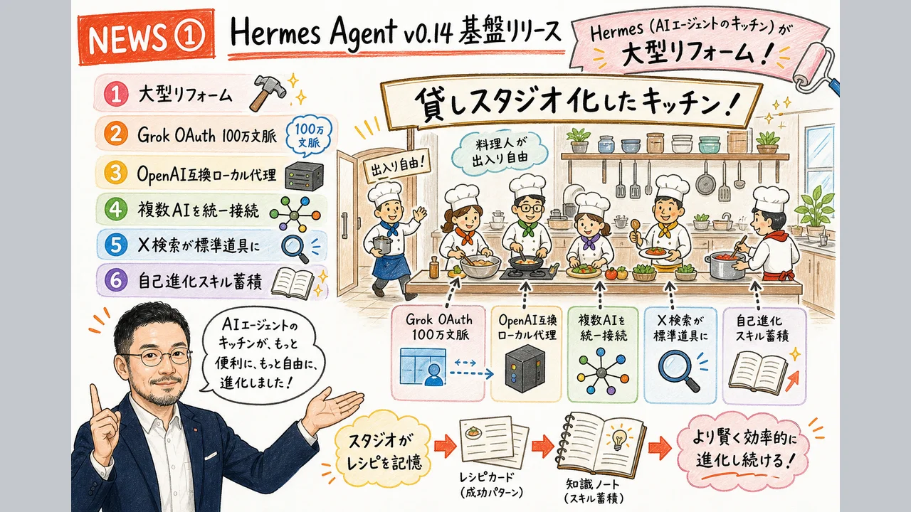 Hermes Agent v0.14 Foundation Release のグラレコ図解