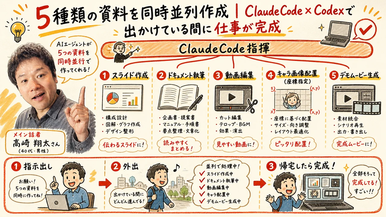 スライド・ドキュメント・動画編集を5種類同時並列でAIに指示するイメージ