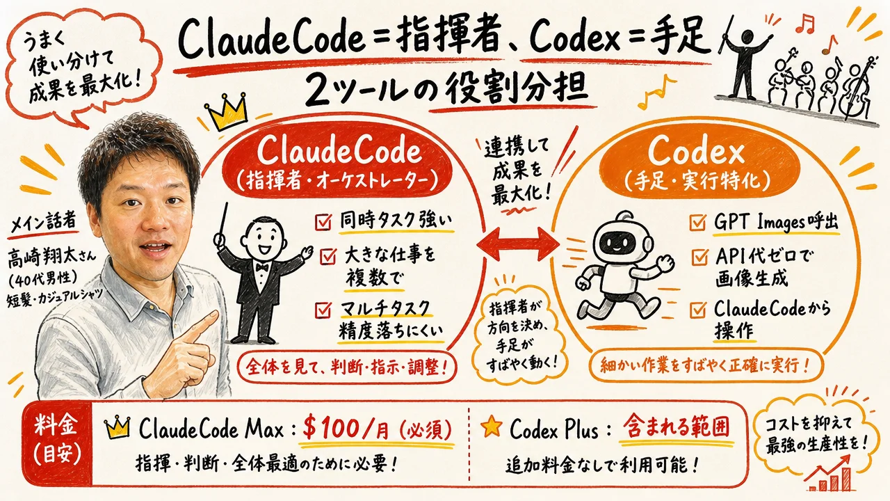ClaudeCode指揮者×Codex手足の役割分担構造図