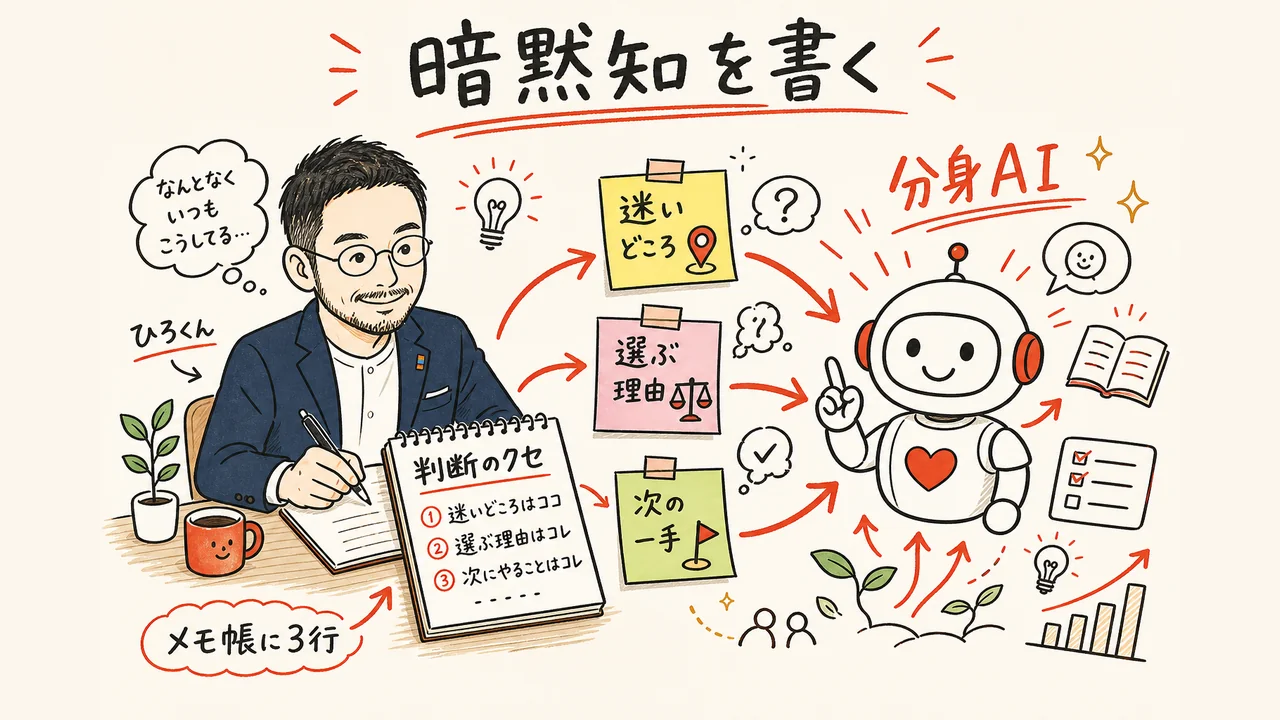 頭の中を書き出して分身AIを育てる第一歩を表すイラスト