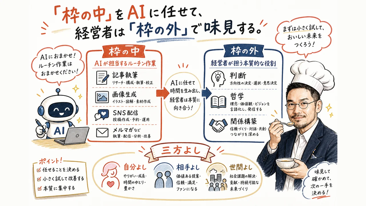 ひろくんコラム図解：枠の中をAIに、枠の外を経営者に