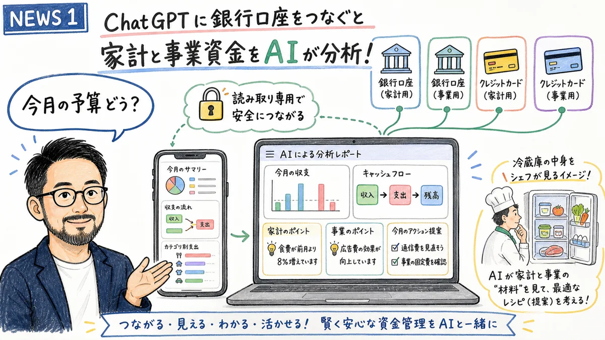 ChatGPTがPlaid連携で銀行口座とつながり家計と事業資金を分析する図解