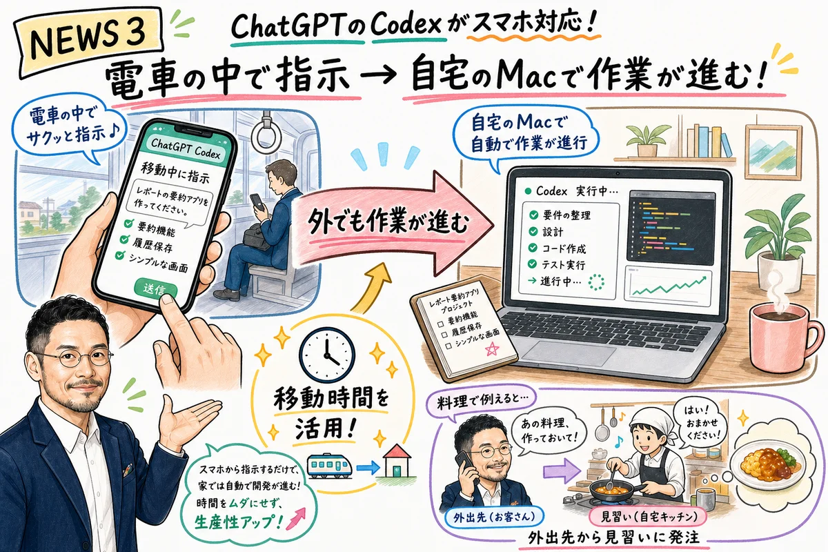 ChatGPTのCodexがスマホアプリでプレビュー対応し移動中も作業継続できる図解