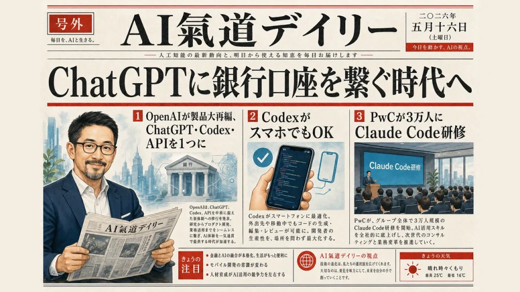 ChatGPTに銀行口座を繋ぐ時代へ 2026年5月16日のAIニュース新聞風アイキャッチ