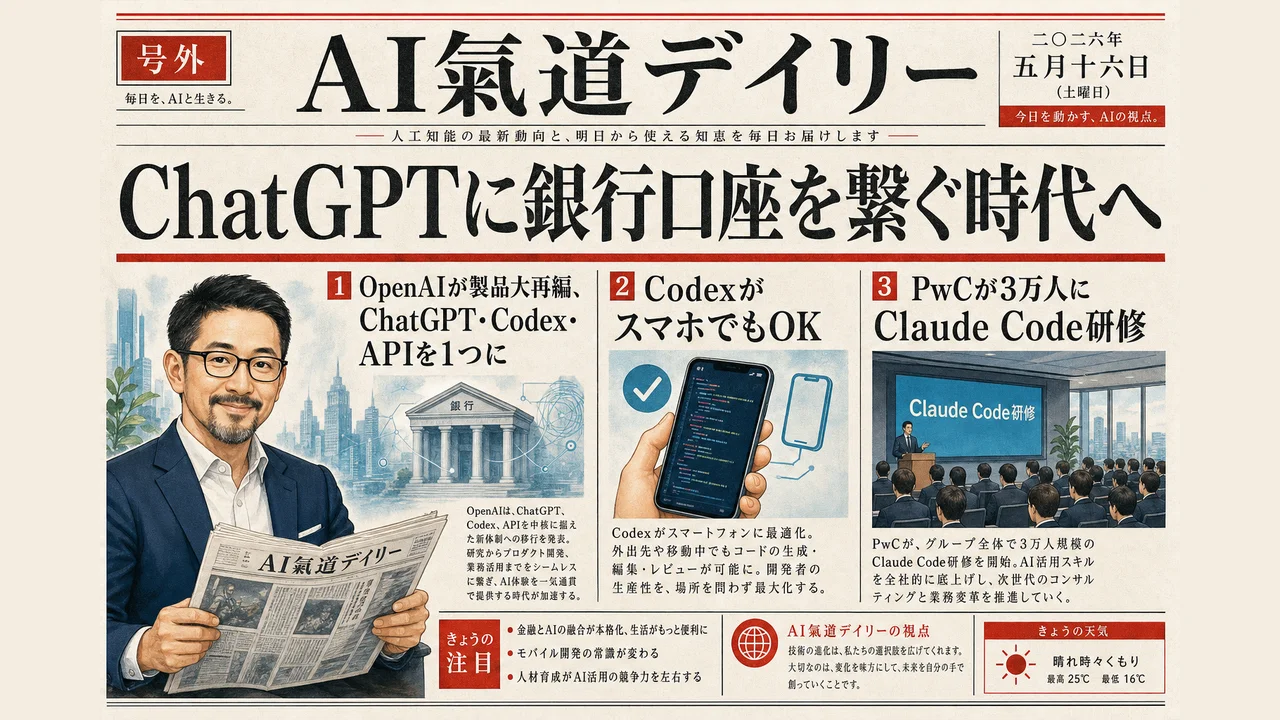 AIニュース2026年5月16日号 ChatGPT銀行連携 OpenAI全部入り