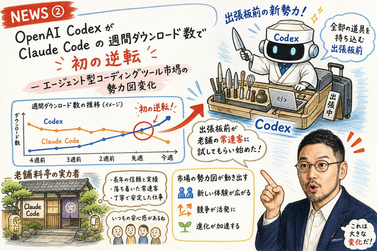 OpenAI Codex がClaude Code を週間DLで逆転