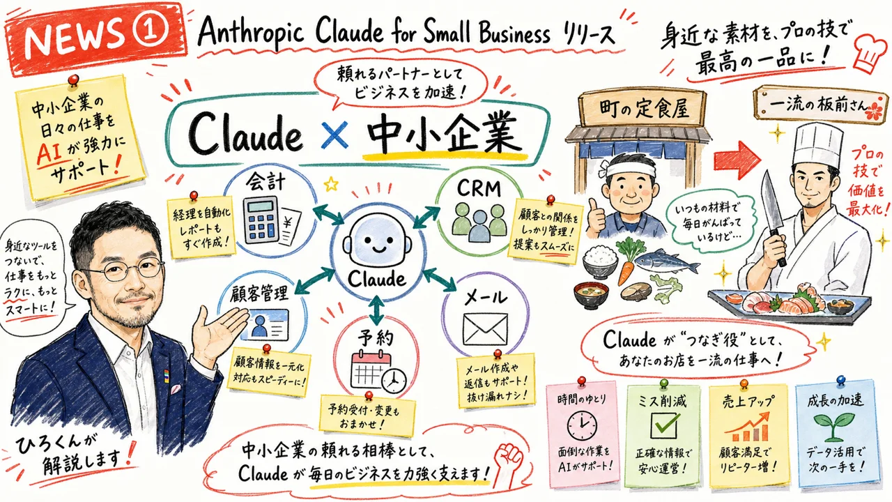 中小企業オーナーのデスクで動くClaude for Small Businessの図解