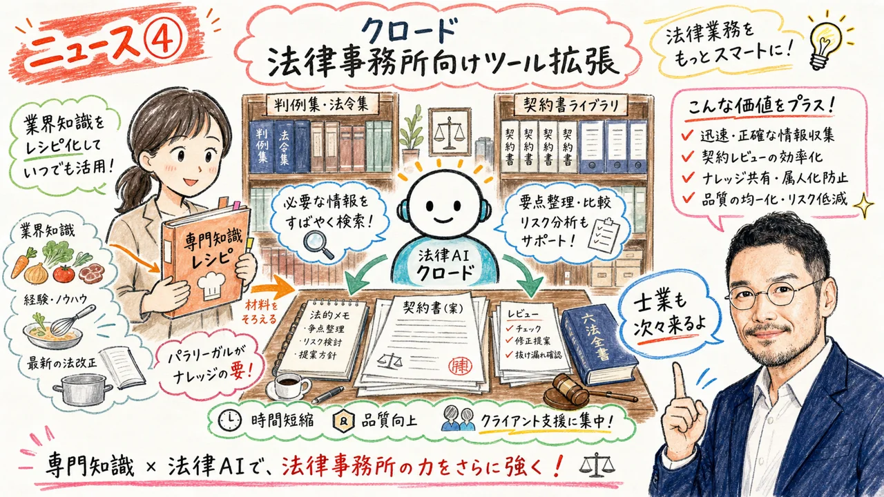 法律事務所でClaudeが判例・契約書を検索する図解