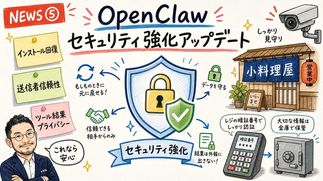 OpenClawのセキュリティ強化アップデートを表現した図解