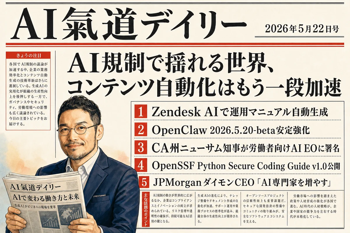 Zendesk AI運用マニュアル自動生成 OpenClaw安定強化 AIニュース5月22日号