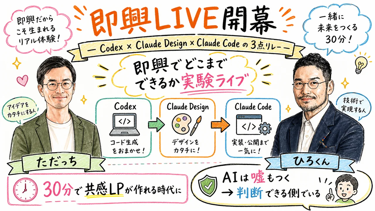 Codex × Claude Design × Claude Code 3点リレー 朝LIVE開幕シーン