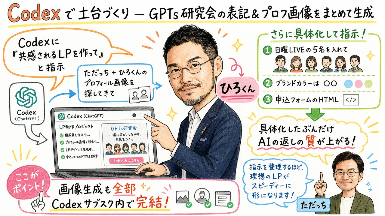 Codexで土台づくり GPTs研究会 LP の表記とプロフィール画像をまとめて生成するシーン