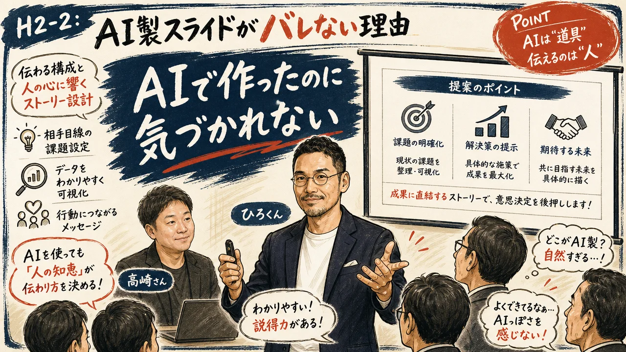 AIで作ったスライドでプレゼン大会で賞を取った高崎さんのシーン