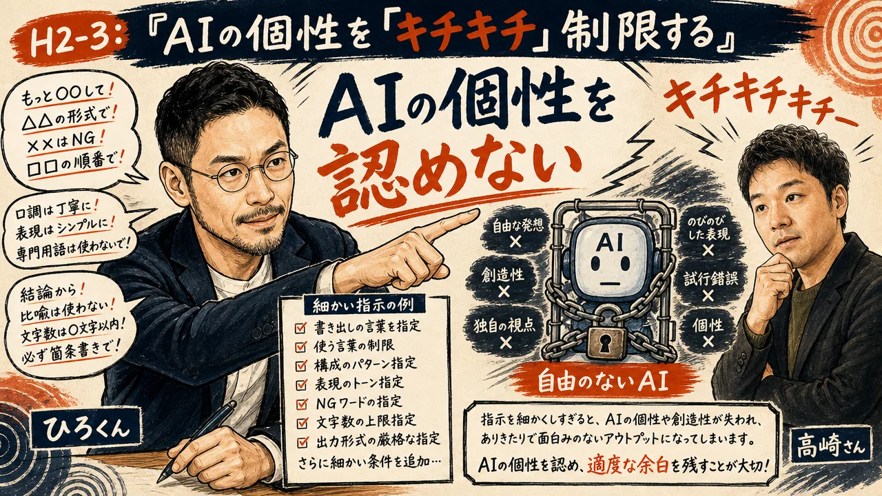 AIに「キチキチキチー」と細かく指示してスライドの品質を作る高崎さんのシーン