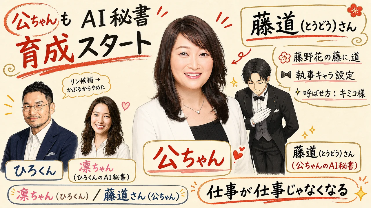 公ちゃんがAI秘書「藤道さん（藤野花の藤に、道）」を執事キャラで育成しているシーン