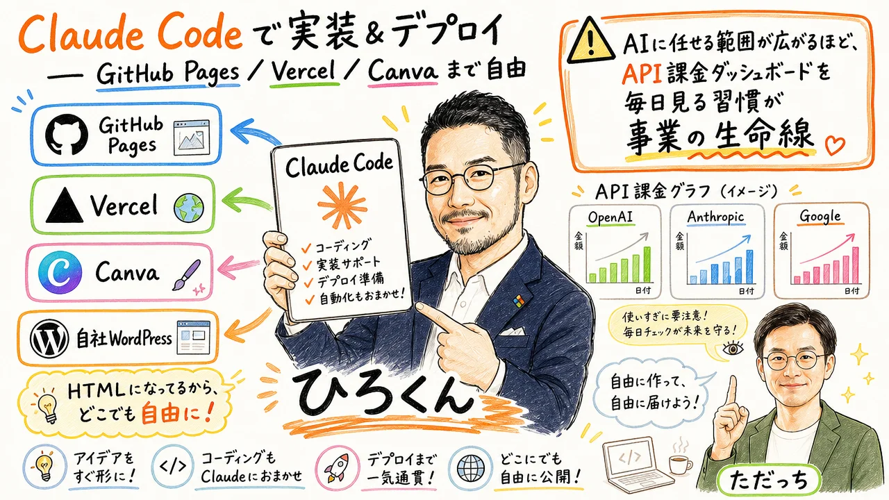 Claude CodeでデプロイしてGitHub Pages・Vercel・Canvaに出すシーン
