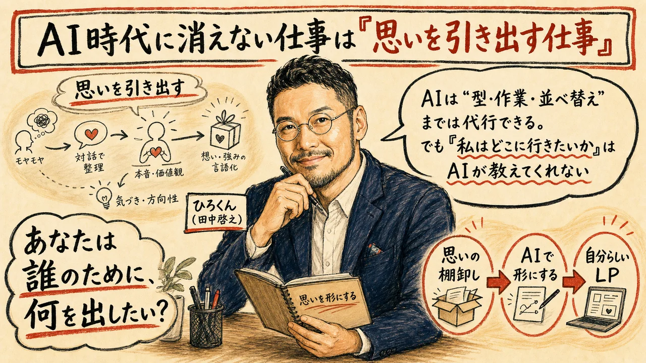 ひろくんが『AI時代に残る仕事は思いを引き出す仕事』を語るコラム図解