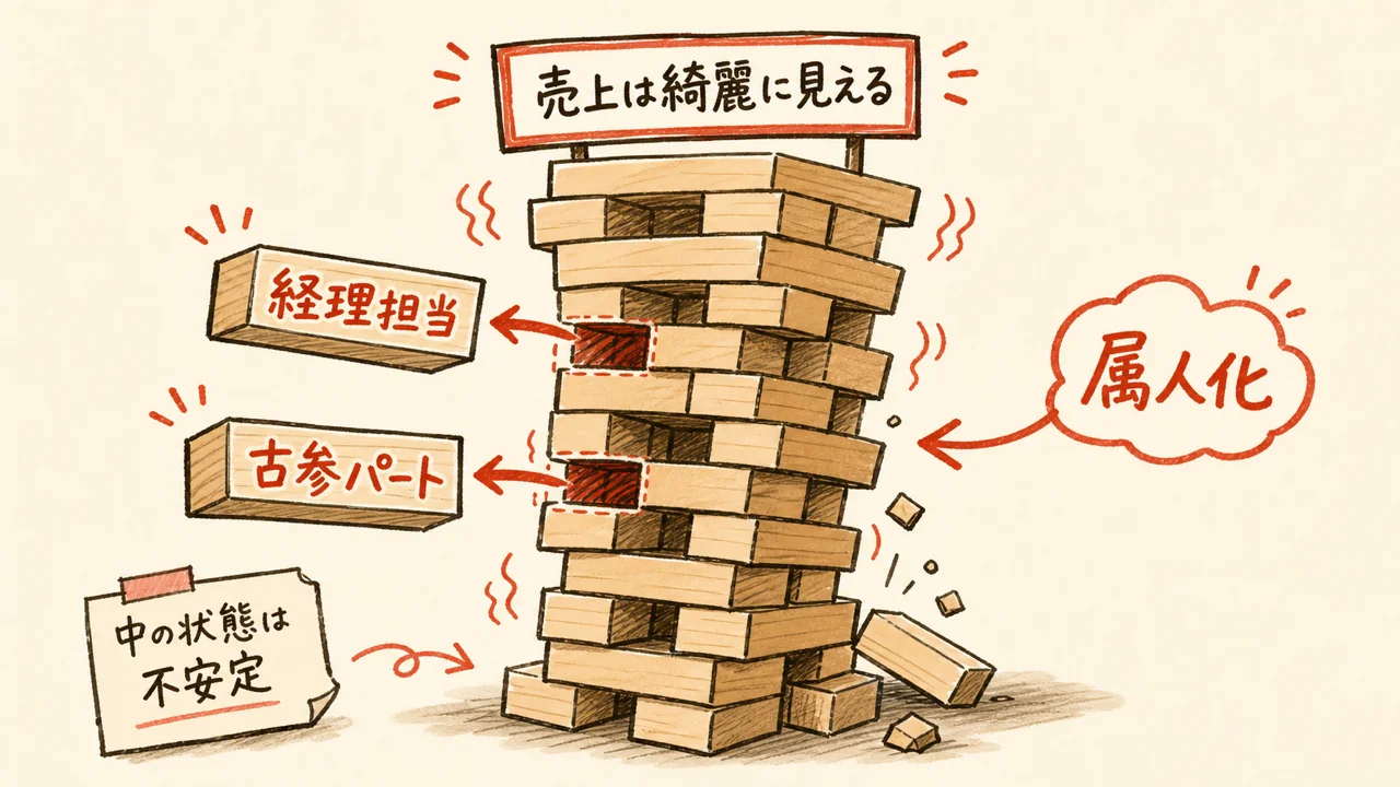 中核メンバーが消えたら回らない会社の構造（積み木の図解）