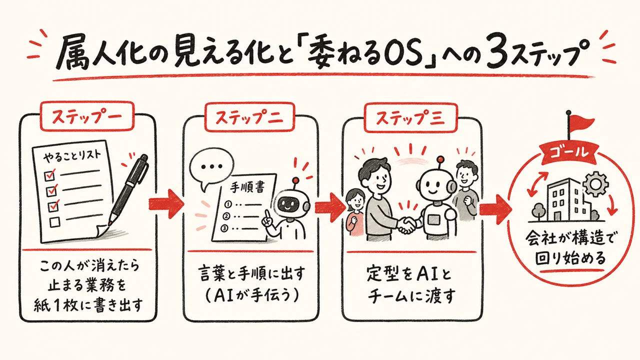 属人化の見える化と委ねるOSへの3ステップ